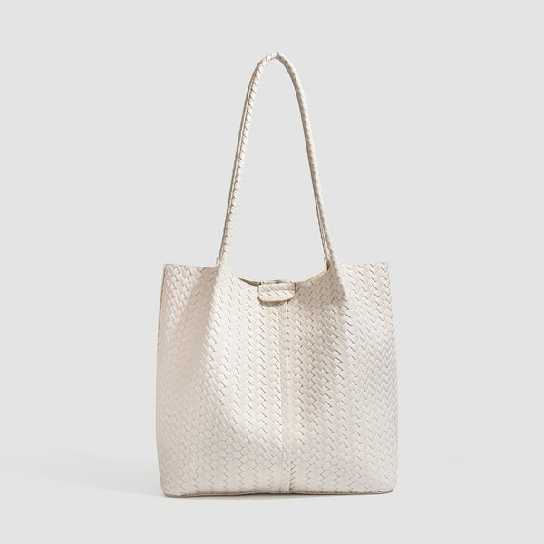 Large black basket-weave leather-look tote bag with long braided shoulder straps and matching woven zip pouch, detail view 9