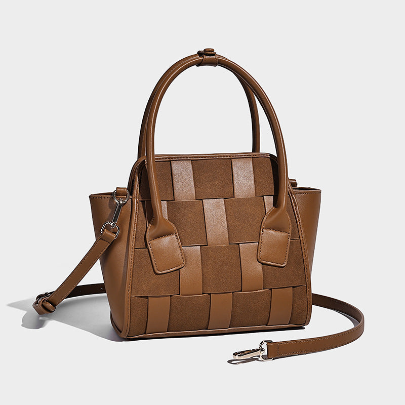 Small structured woven-panel mini tote bag with double top handles and detachable crossbody strap in matte leather-look