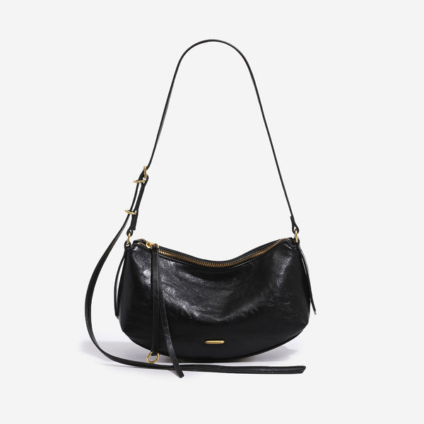 Halbmondförmige Sattel-Crossbody-Tasche mit Reißverschluss oben, verstellbarem Riemen und Beschlägen in Goldoptik, Detailansicht 6