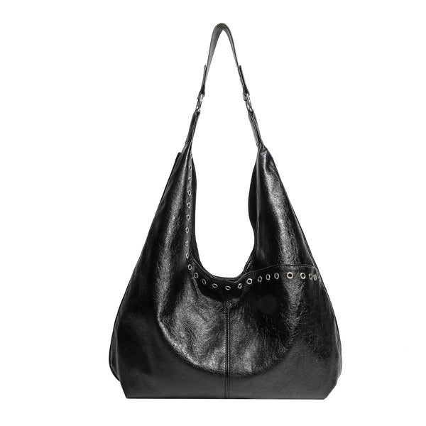 Large slouchy hobo shoulder bag with silver eyelet trim and glossy leather-look finish, detail view 5