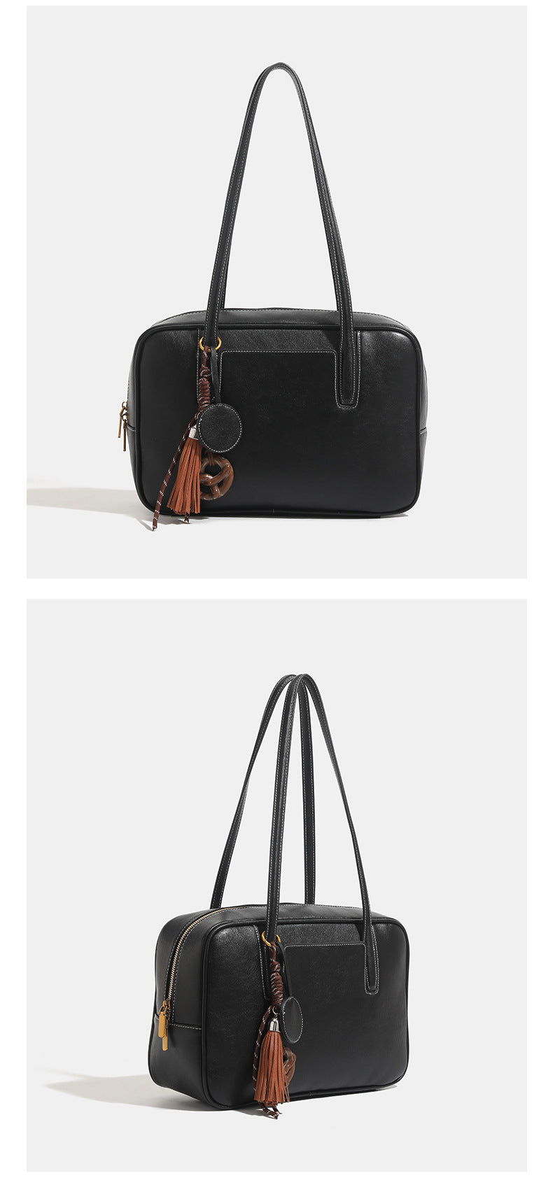 Structured rectangular leather-look shoulder bag with top zip, tassel and resin ring charm, and contrast topstitching, detail