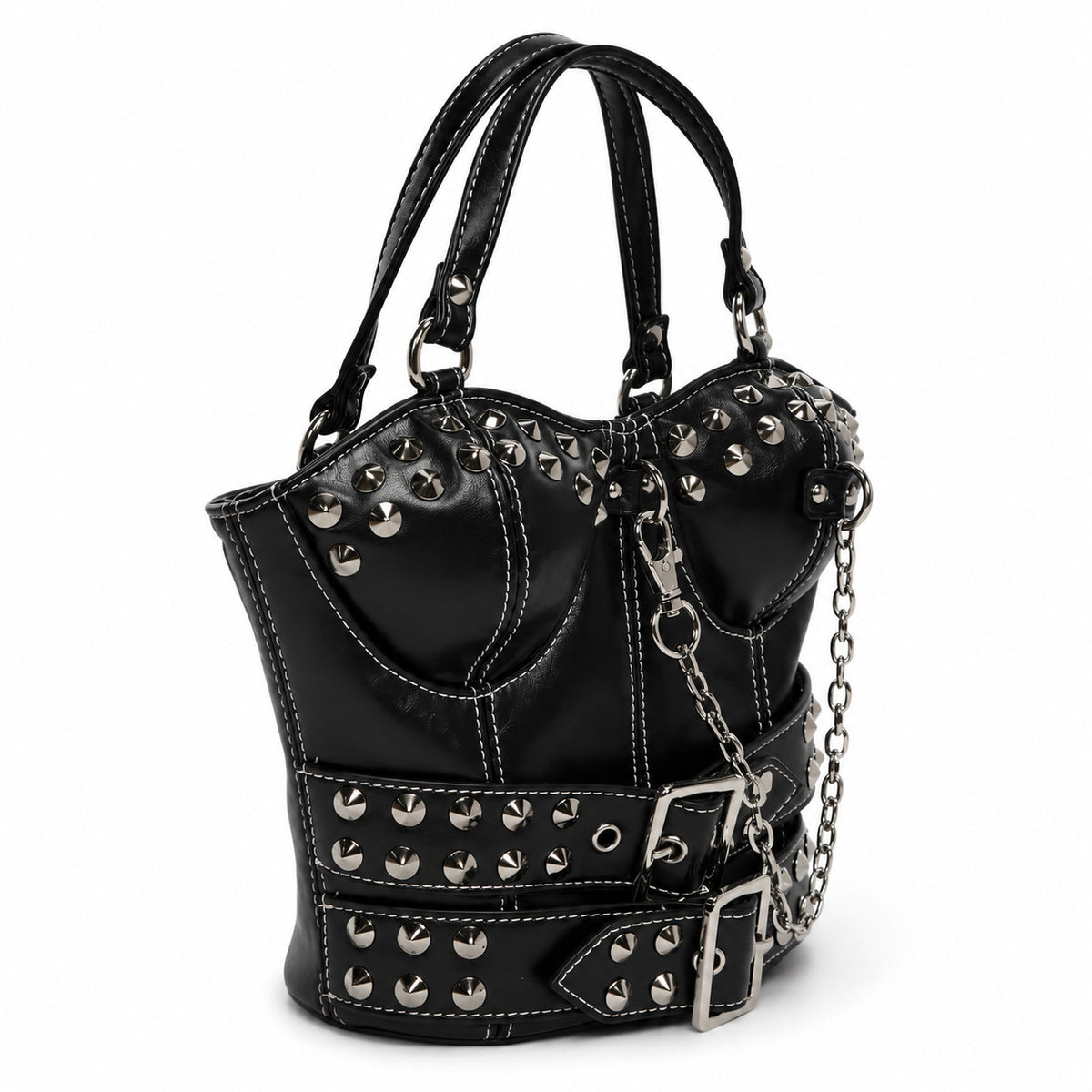 Strukturierte Henkeltasche in Korsettform mit silberfarbenen Kegelnieten und doppeltem Schnallengürtel-Detail, Detailansicht 16