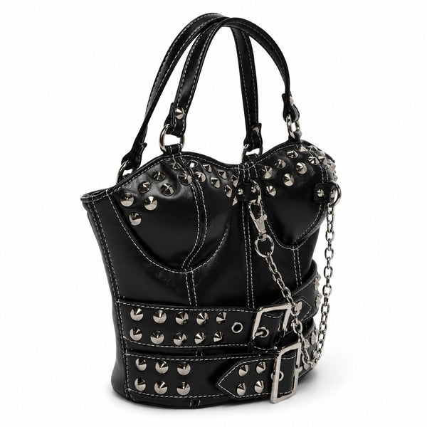 Strukturierte Henkeltasche in Korsettform mit silberfarbenen Kegelnieten und doppeltem Schnallengürtel-Detail, Detailansicht 16