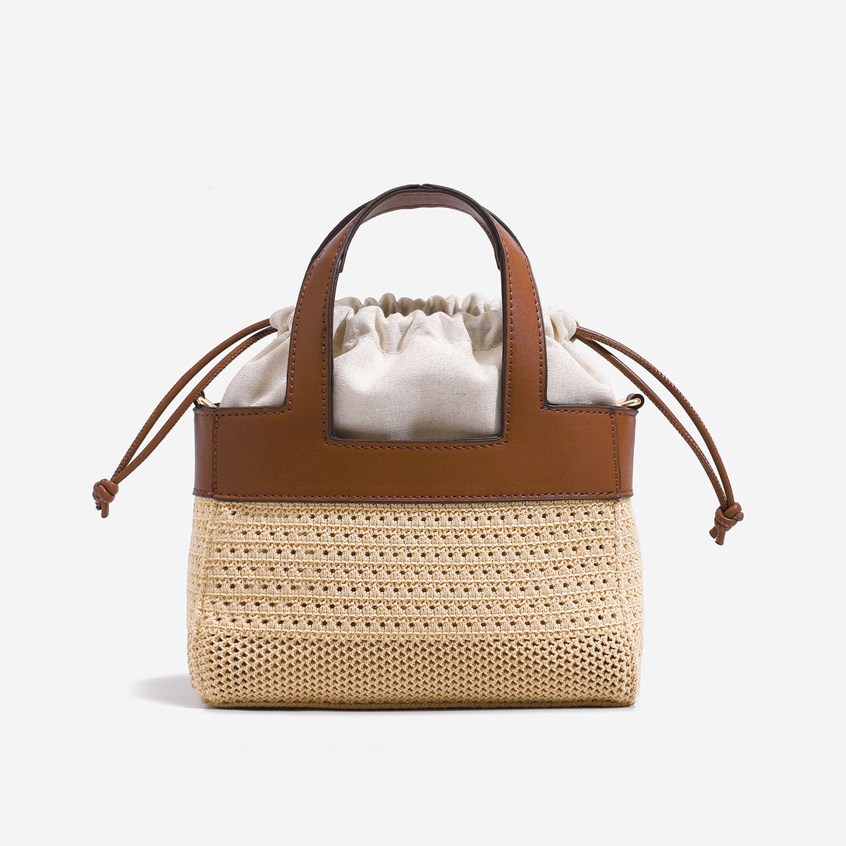 Small woven open-weave bucket bag with brown leather-look trim, cream gathered drawstring lining, dual top handles, and