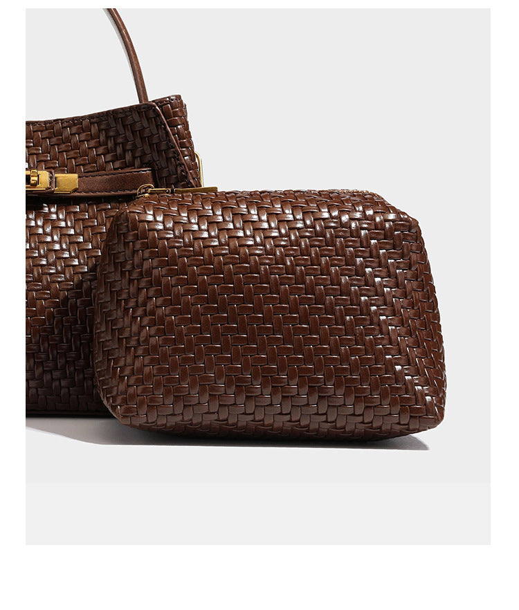 Structured woven leather-look bucket bag with gold-tone turn-lock hardware and detachable shoulder strap, detail view 27