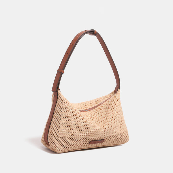 Compact open-weave hobo shoulder bag with zip top, leather-look trim, and adjustable strap, detail view 3