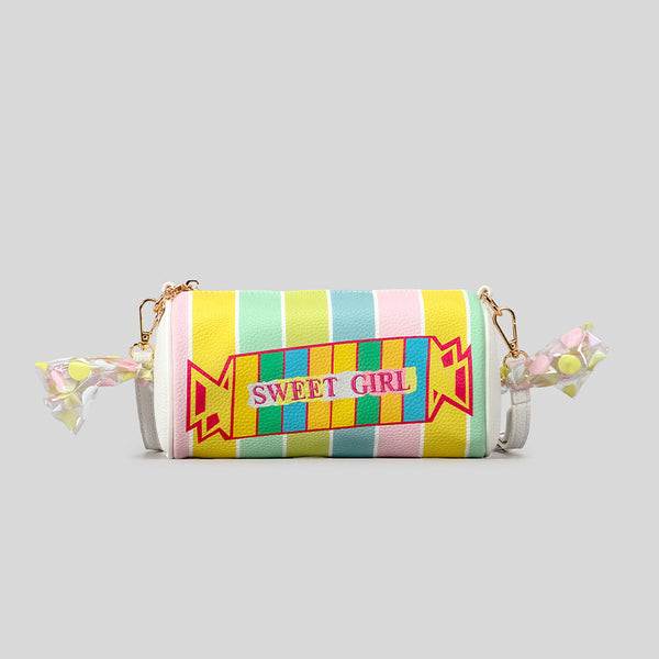 Regenbogen-gestreifte Candy-Fass-Crossbody-Tasche mit transparenten, gedrehten Enden, weißem verstellbarem Trageriemen und goldfarbenen Beschlägen, Detailansicht