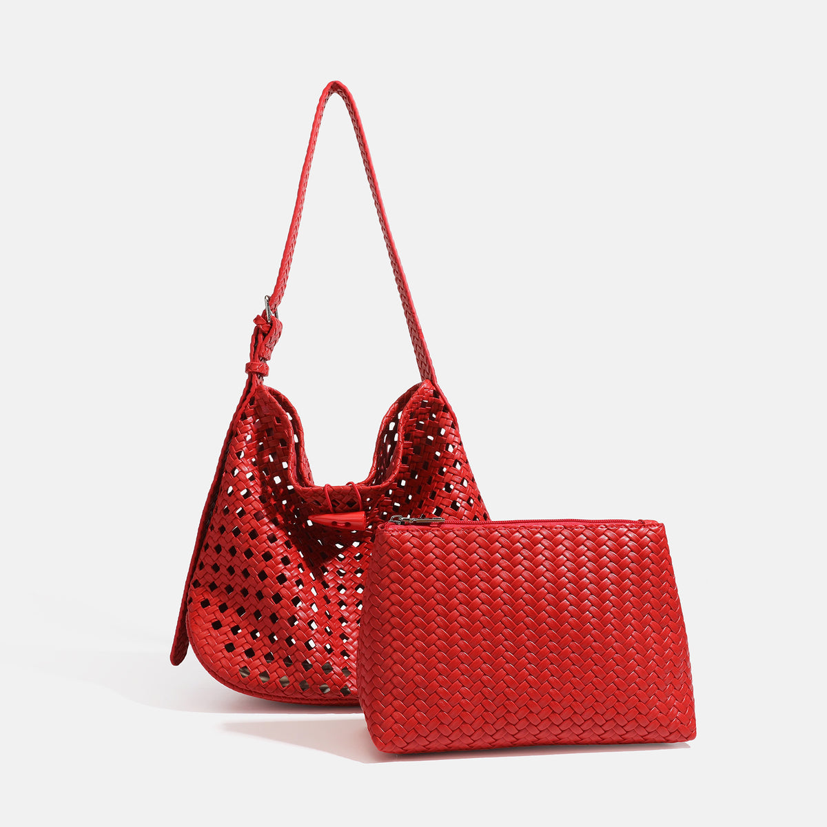 Brown open-lattice woven leather-look hobo shoulder bag with braided strap and matching zip pouch, detail view 12
