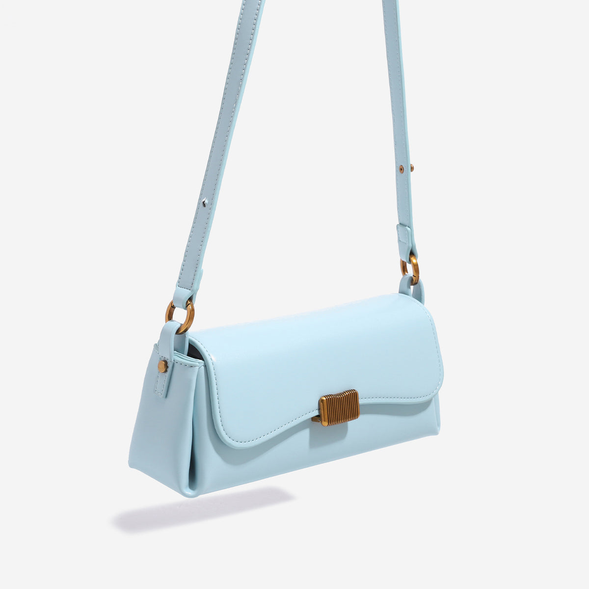 Structured rectangular baguette shoulder bag in pastel sky blue with smooth leather-look finish, ribbed gold-tone turn-lock