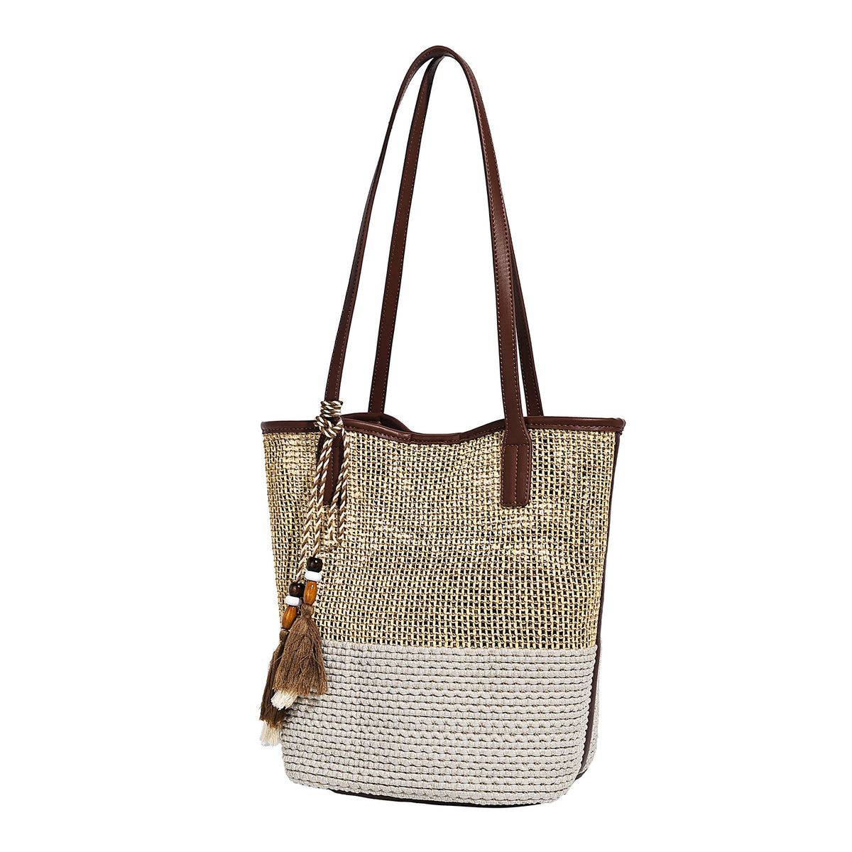 Zweifarbige gewebte Tote-Bag in Hellbraun und Creme mit Schulterriemen in brauner Lederoptik und Quastenanhänger mit Perlen, Detailansicht 5