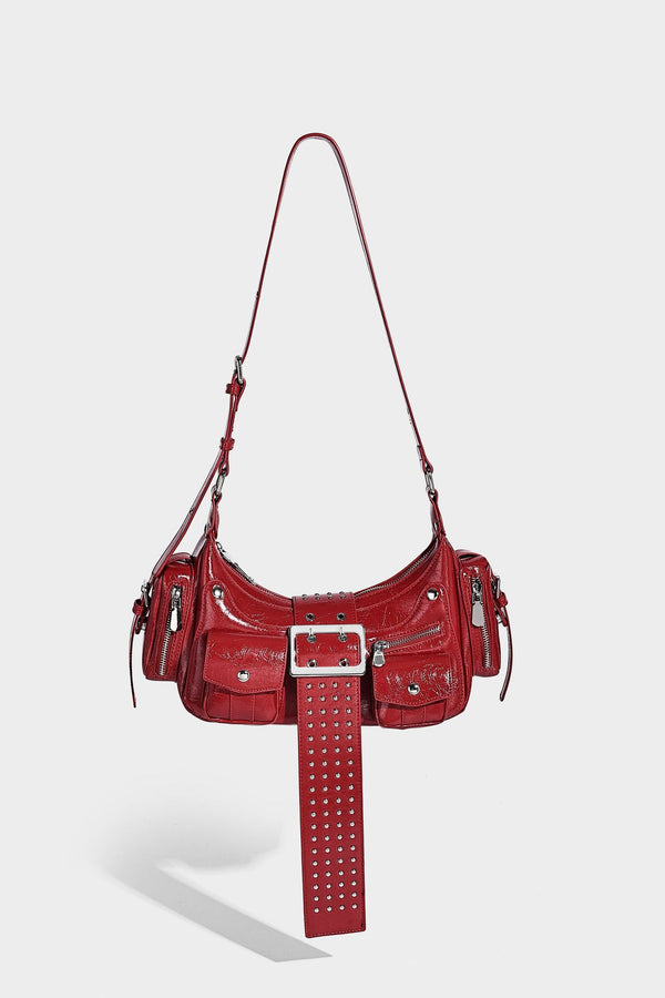 Halbmond-Schultertasche mit Nieten und Gürtelschnallen-Lasche, mehreren Vordertaschen und silberfarbenen Beschlägen, Detailansicht 21