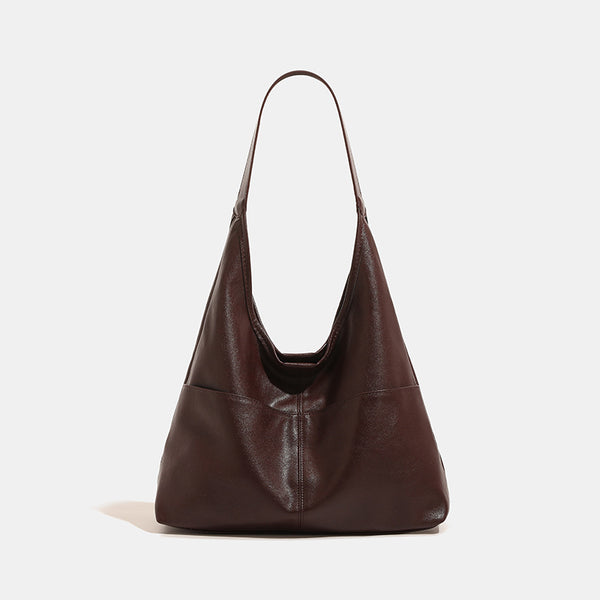 Oversized slouchy hobo tote bag in dark brown smooth matte leather-look finish with long flat shoulder strap and panelled