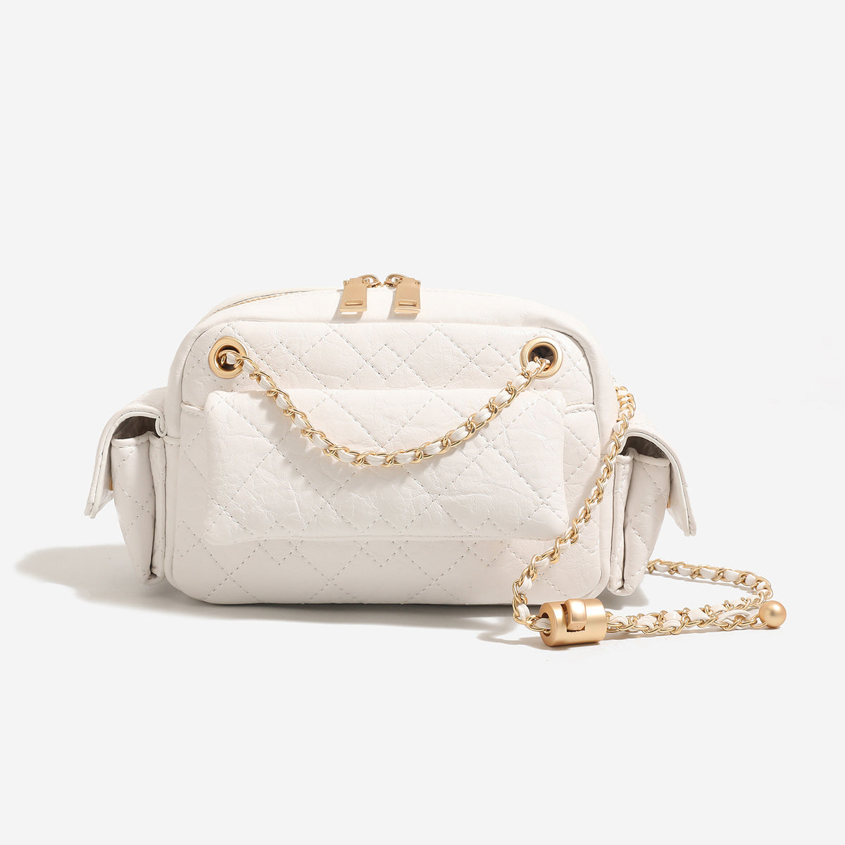 Compact quilted leather-look crossbody bag with gold-tone chain strap and double zip closure, detail view 7
