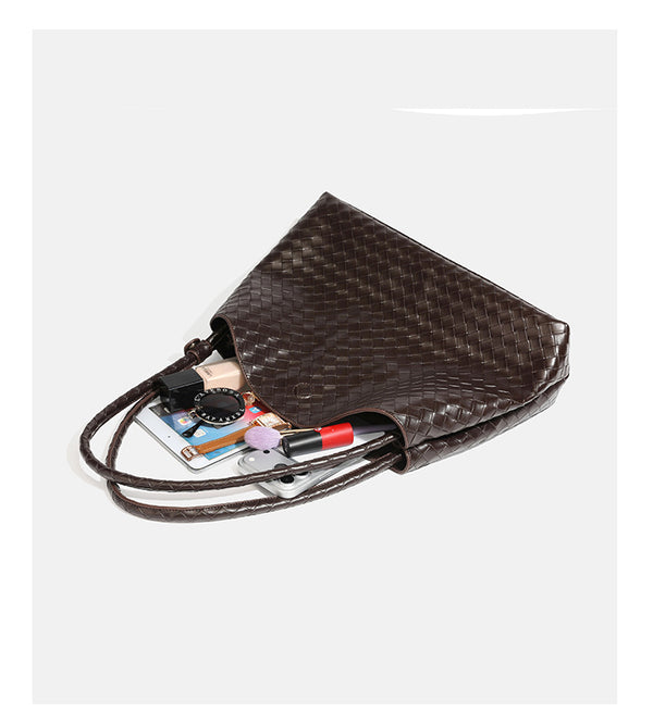 Slouchy woven leather-look hobo shoulder bag with braided strap and open top, detail view 15
