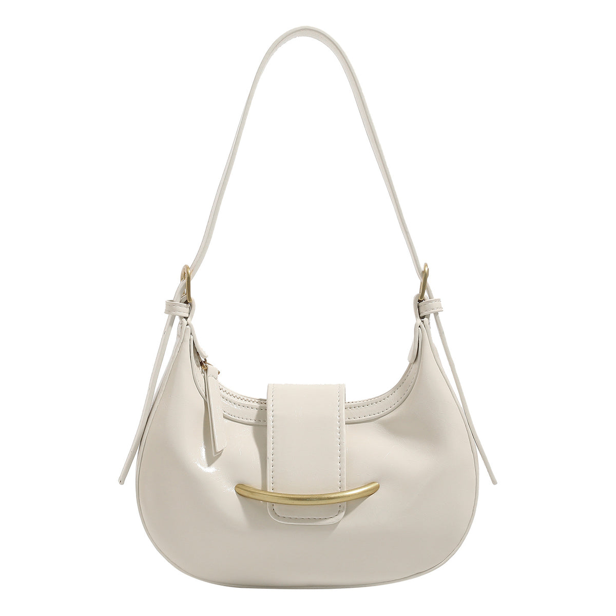 Compact crescent hobo shoulder bag with glossy synthetic finish, curved gold-tone front bar hardware, zip-top closure, and