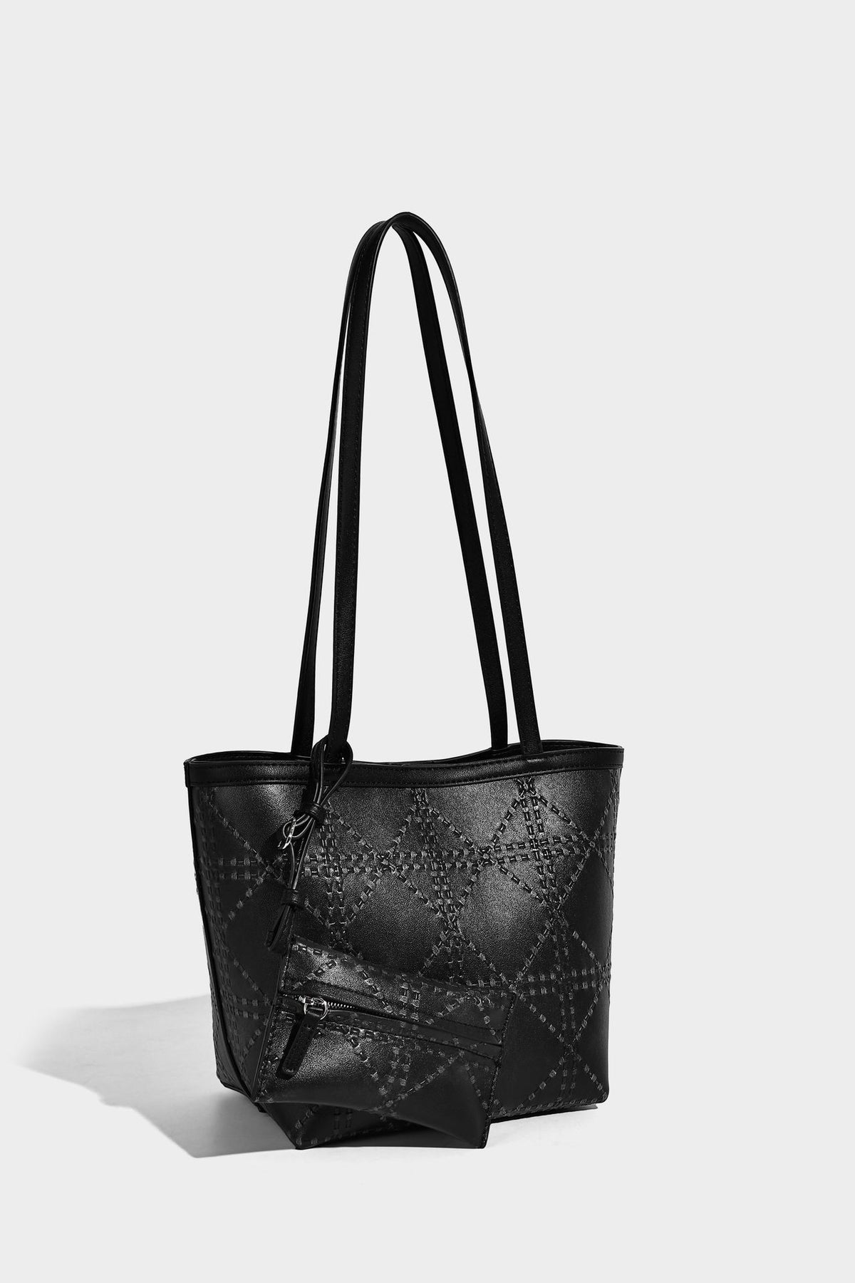 Quilted diamond-pattern tote bag with attached front zip pouch and long shoulder straps, detail view 16