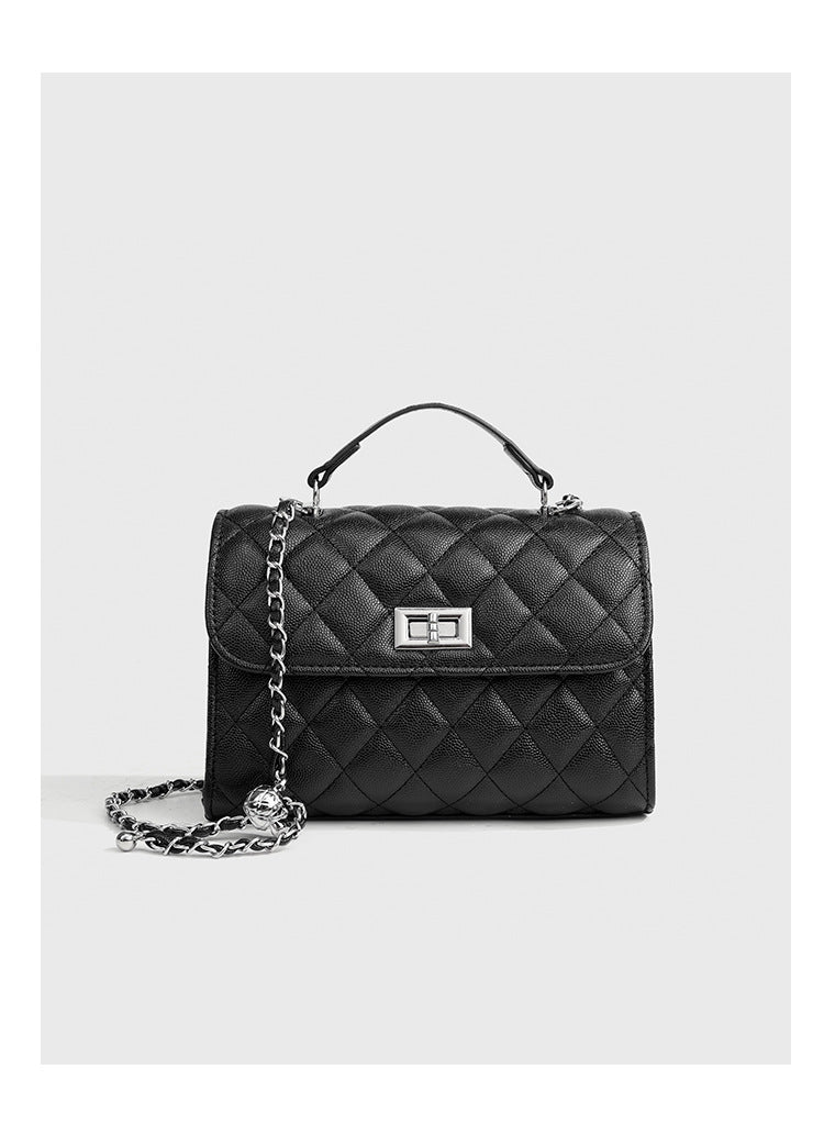 Small structured diamond-quilted flap satchel bag with silver-tone chain strap and turn-lock closure, detail view 16