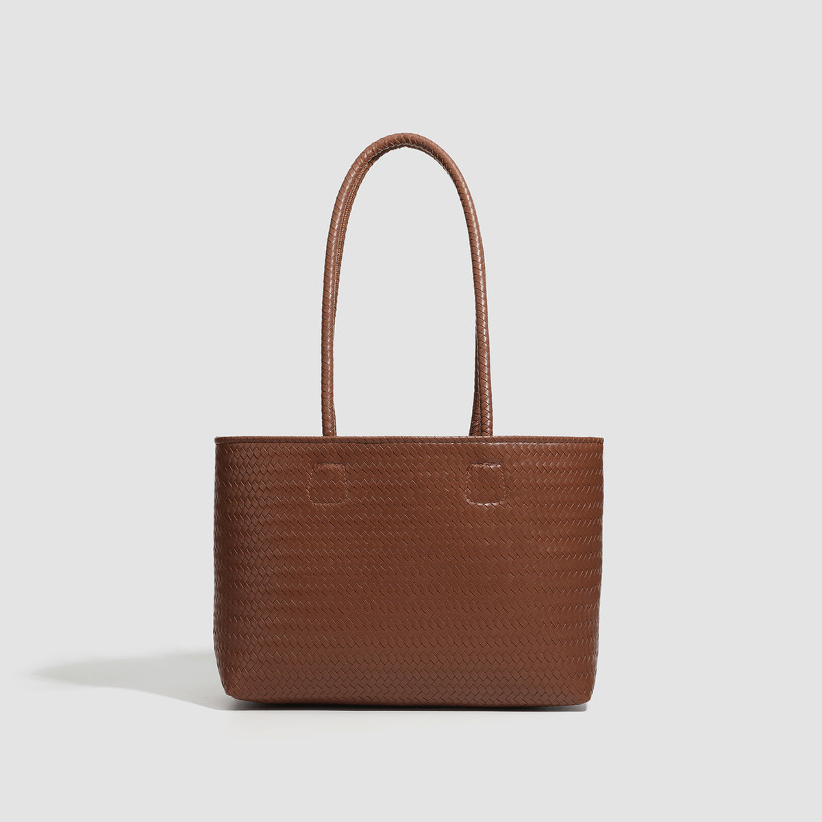 Structured cognac brown woven-texture tote bag with double top handles and open top, front view