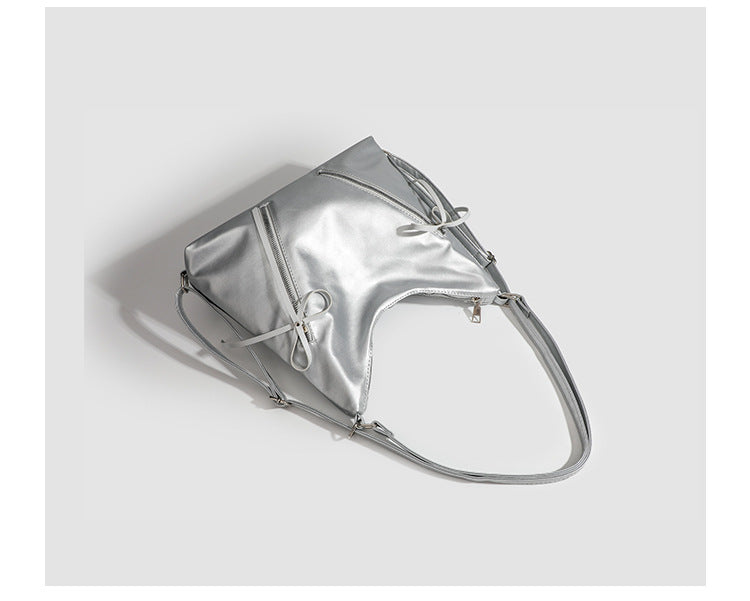 Slouchy hobo shoulder bag with bow detail and silver-tone hardware, detail view 19