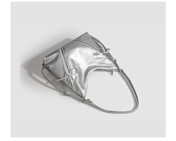 Slouchy hobo shoulder bag with bow detail and silver-tone hardware, detail view 19