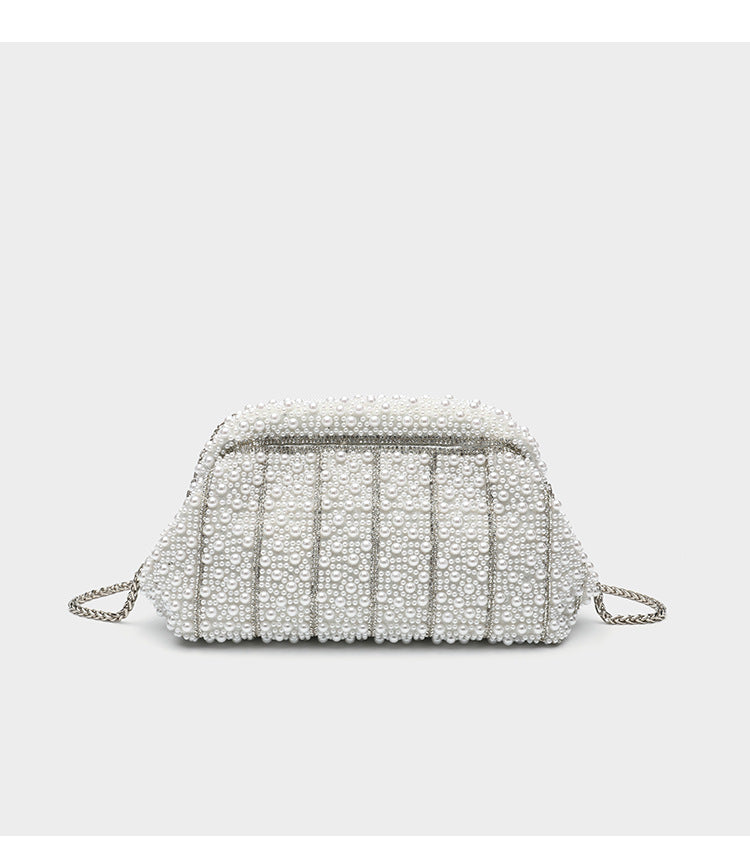 Structured faux-pearl beaded evening clutch bag with silver-tone chain strap and top zip closure, detail view 12
