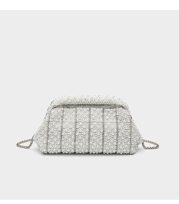 Structured faux-pearl beaded evening clutch bag with silver-tone chain strap and top zip closure, detail view 12