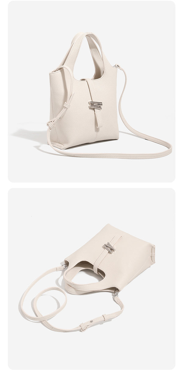 Mini pebbled leather-look bucket tote with silver toggle clasp and dual top handles, detail view 15