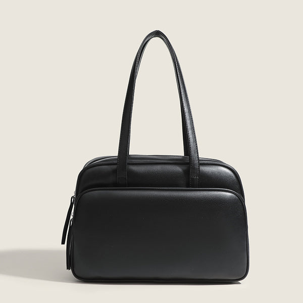 Large structured rectangular leather-look shoulder bag with dual zip compartments and double top handles, detail view 6