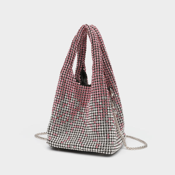 Ombré-Beuteltasche mit Kristall-Strasssteinen im Verlauf von Schwarz zu Silber, Kettenriemen und Kristallgriffen, Detailansicht 2