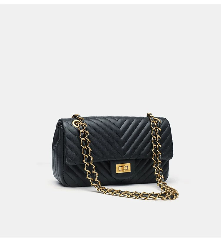 Structured quilted flap bag with gold-tone chain strap and turn-lock closure, detail view 10