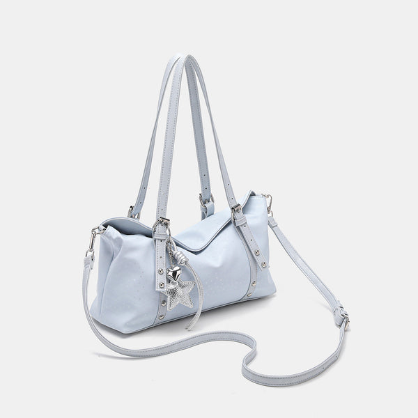 Slouchy leather-look shoulder tote bag with star charm pendant, silver-tone rivets and buckles, detail view 3