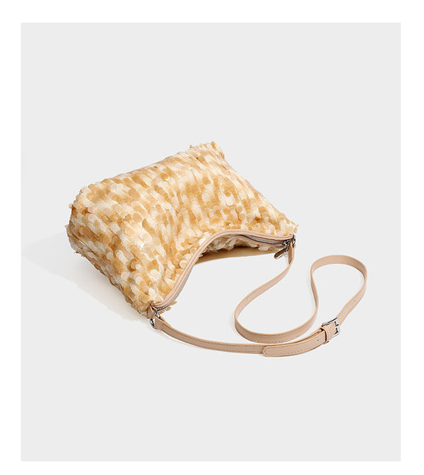 Slouchy paillette sequin hobo shoulder bag with zip closure and adjustable leather-look strap with silver chain hardware