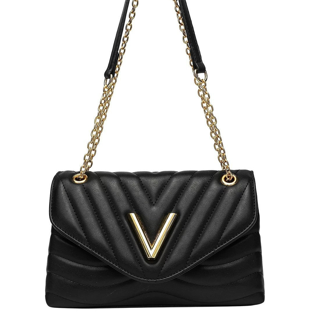 Small structured diamond-quilted flap shoulder bag with gold-tone V-shaped hardware and chain strap, detail view 5
