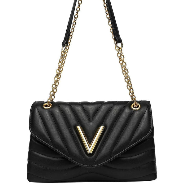 Small structured diamond-quilted flap shoulder bag with gold-tone V-shaped hardware and chain strap, detail view 5
