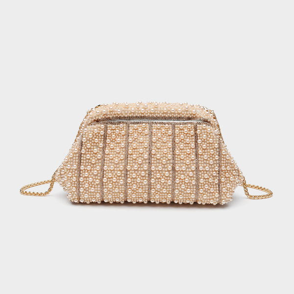 Structured faux-pearl beaded evening clutch bag with silver-tone chain strap and top zip closure, detail view 8