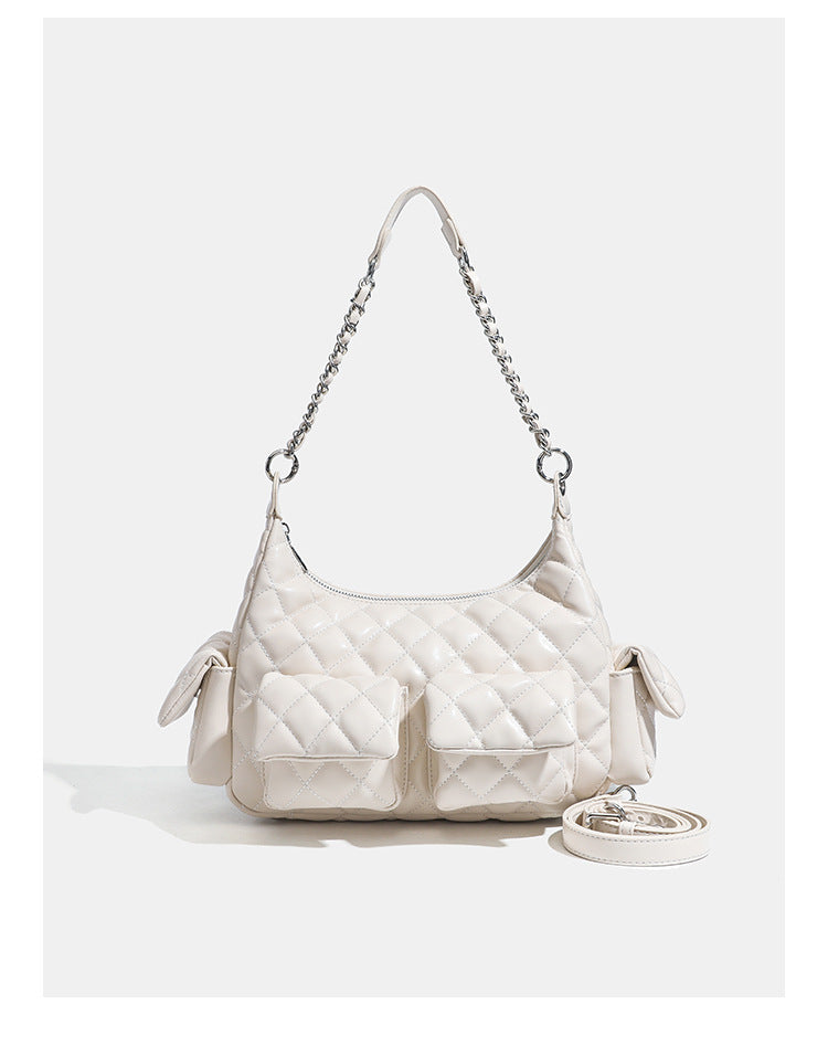 Off-white quilted leather-look hobo shoulder bag with diamond stitching, chain-and-strap handle, two front flap pockets