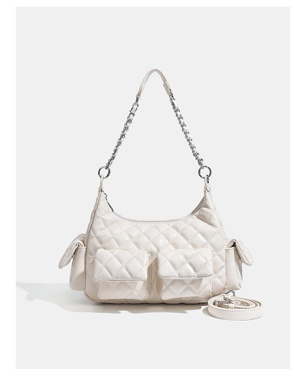 Off-white quilted leather-look hobo shoulder bag with diamond stitching, chain-and-strap handle, two front flap pockets