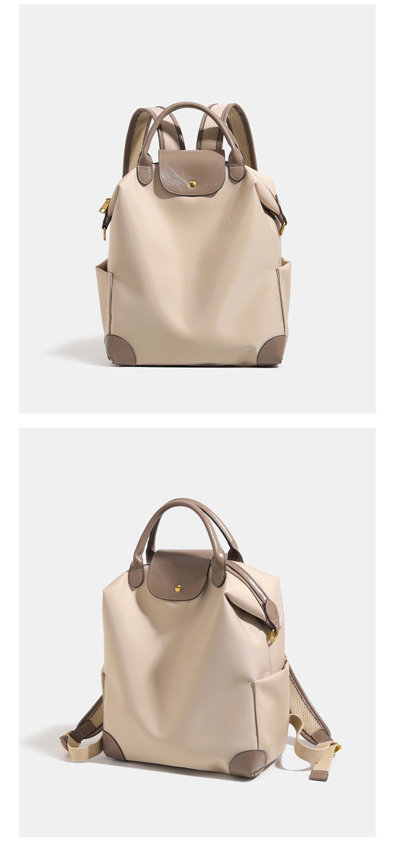 Soft rectangular nylon convertible backpack handbag with leather-look trim, snap-flap closure, top carry handles, padded