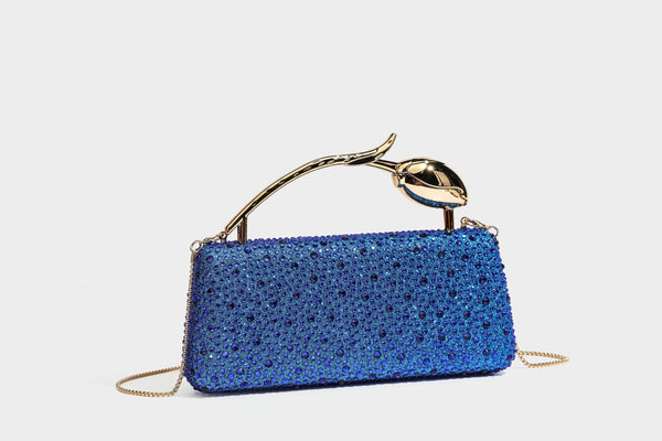 rectangular hard-case rhinestone evening clutch with sculptural gold-tone branch-and-bud top handle and detachable chain