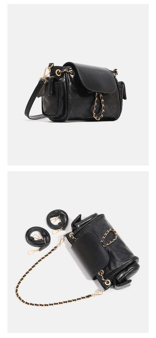 Small quilted leather-look flap bag with gold-tone chain strap and diamond stitch pattern, detail view 12
