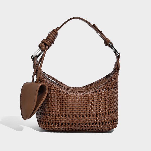 Kleine gewebte Hobo-Schultertasche in Gitteroptik mit sichelförmiger Silhouette, Reißverschluss oben, silberfarbenen Beschlägen und verstellbarem, Detail