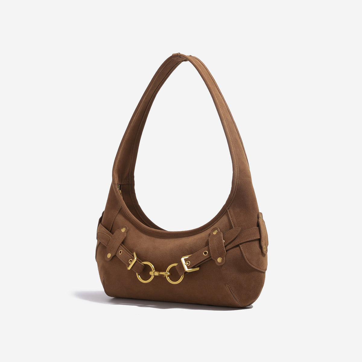 Slouchy hobo shoulder bag with gold-tone ring-and-buckle front hardware, zip top closure, and matte textured finish, front
