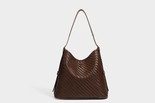 Lässig gewebte Schultertasche in Lederoptik mit Bindebandverschluss, goldfarbenen Metalldetails und einem Schulterriemen, Detailansicht 35