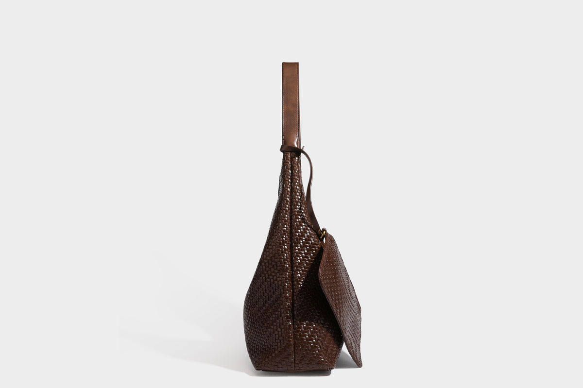 Slouchy woven leather-look hobo tote bag in brown with detachable zip pouch and gold-tone hardware, detail view 32