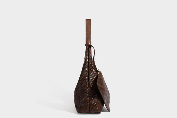 Slouchy woven leather-look hobo tote bag in brown with detachable zip pouch and gold-tone hardware, detail view 32