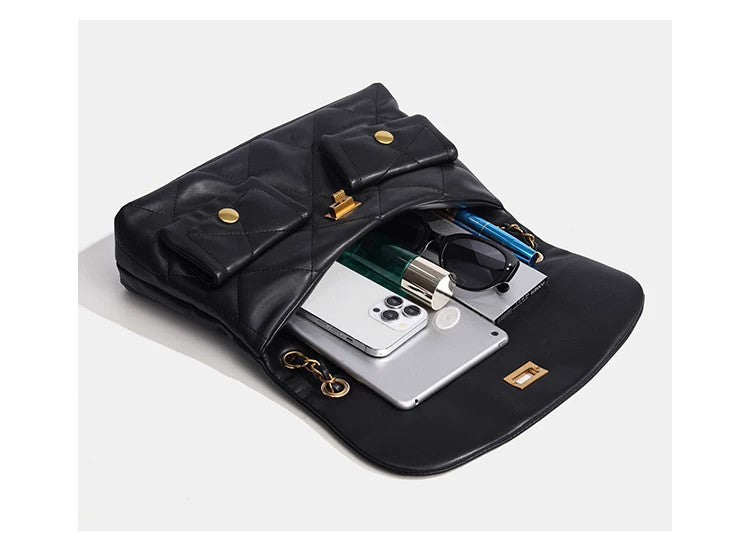Quilted diamond flap shoulder bag with gold-tone chain strap and twist-lock closure, detail view 10