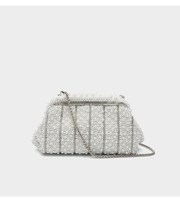Structured faux-pearl beaded evening clutch bag with silver-tone chain strap and top zip closure, detail view 15