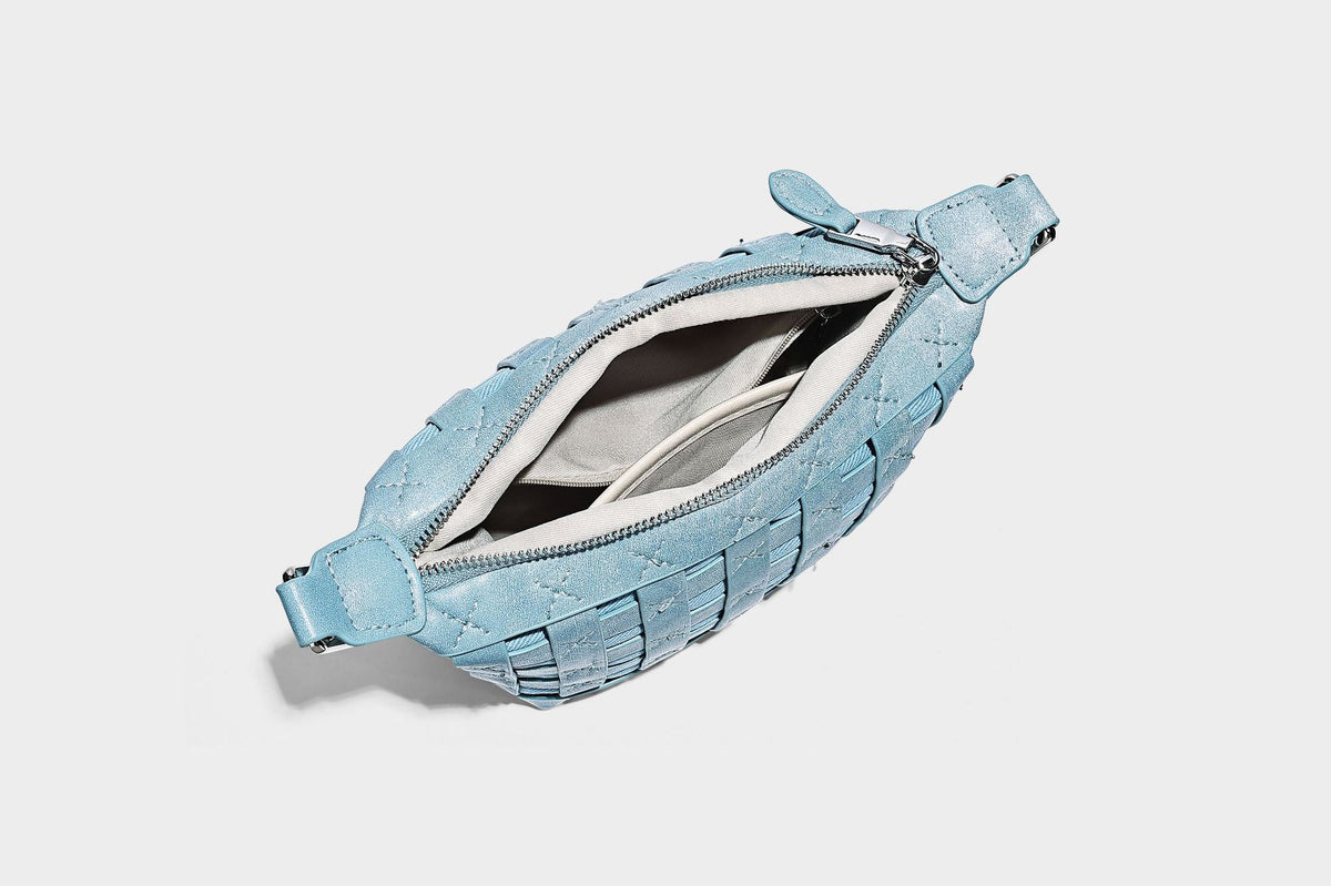 Small woven convertible shoulder bag with top zipper, silver-tone hardware, and detachable crossbody strap, detail view 23