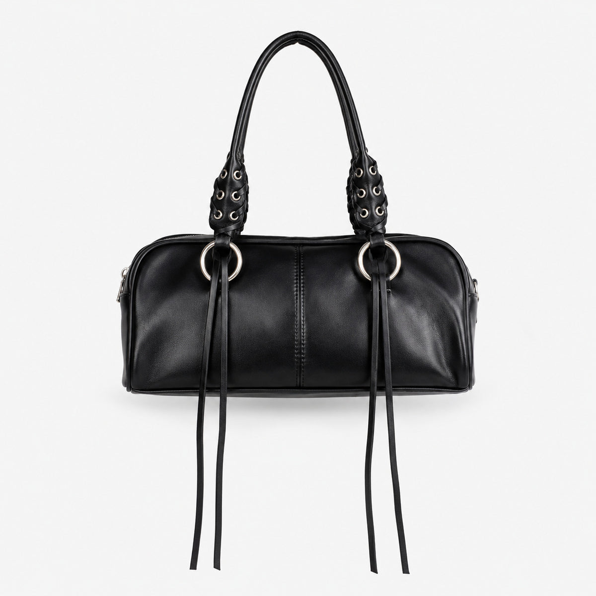 Rectangular suede-look barrel bag with laced eyelet handles, silver O-ring hardware, and hanging leather-look fringe tie