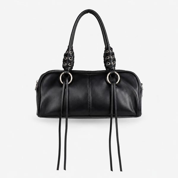 Rectangular suede-look barrel bag with laced eyelet handles, silver O-ring hardware, and hanging leather-look fringe tie